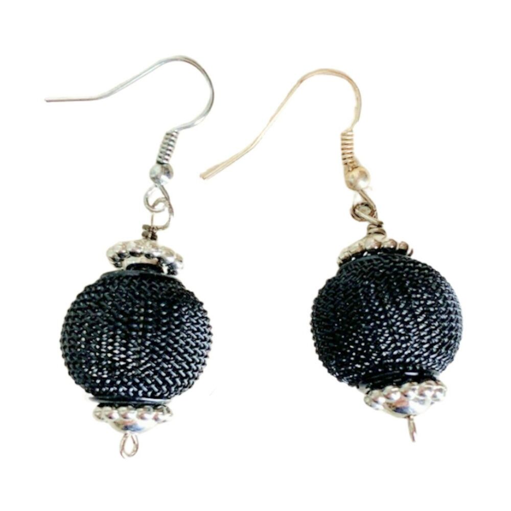 Black Mesh Ball Dangle Earrings Silver French Hooks Retro Disco Minimalist